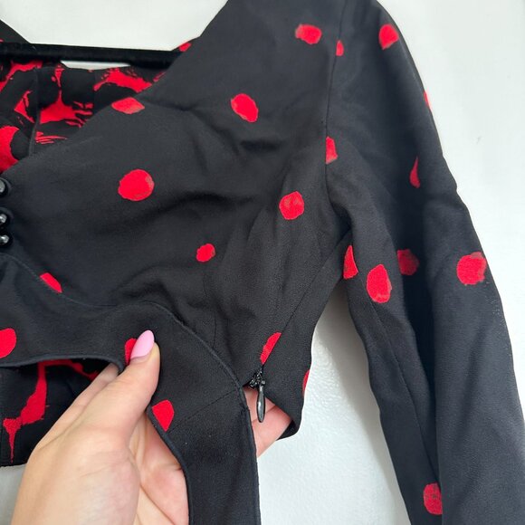 Proenza Schouler Long-sleeved Crop Top Sz 0 Back Bow Belt Black Red Polka Dot - Picture 8 of 10